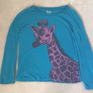 Blue long sleeve shirt with purple giraffe print